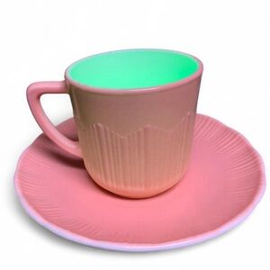 🚨 GLOWS! 🚨 Vintage Hazel-Atlas Pastel Pink Uranium Glass Expresso Cup & Saucer